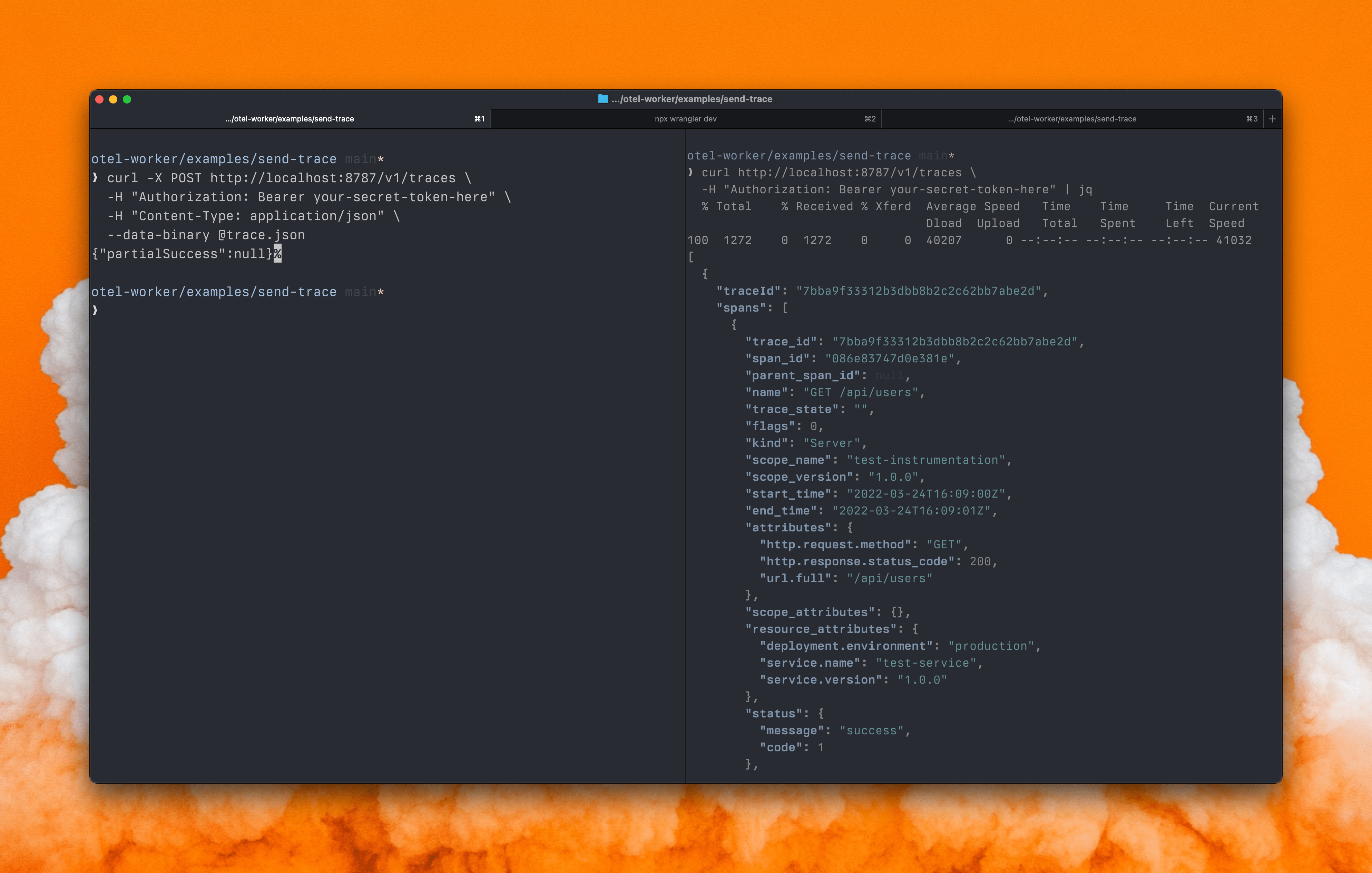 Terminal with otel-worker running